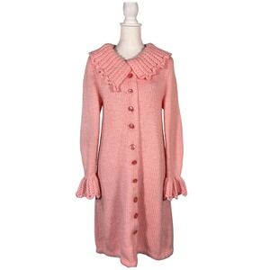 Vintage 70s Pink Knit Sweater Coat Women's L Cardigan Casual Cozy Retro